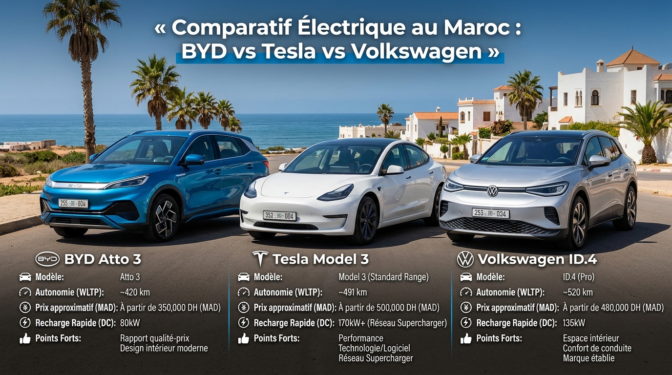 Comparatif BYD vs Tesla vs Volkswagen voiture électrique au Maroc 2026