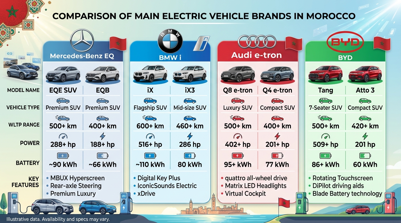 Comparatif voitures électriques Mercedes EQ BMW Audi au Maroc 2026