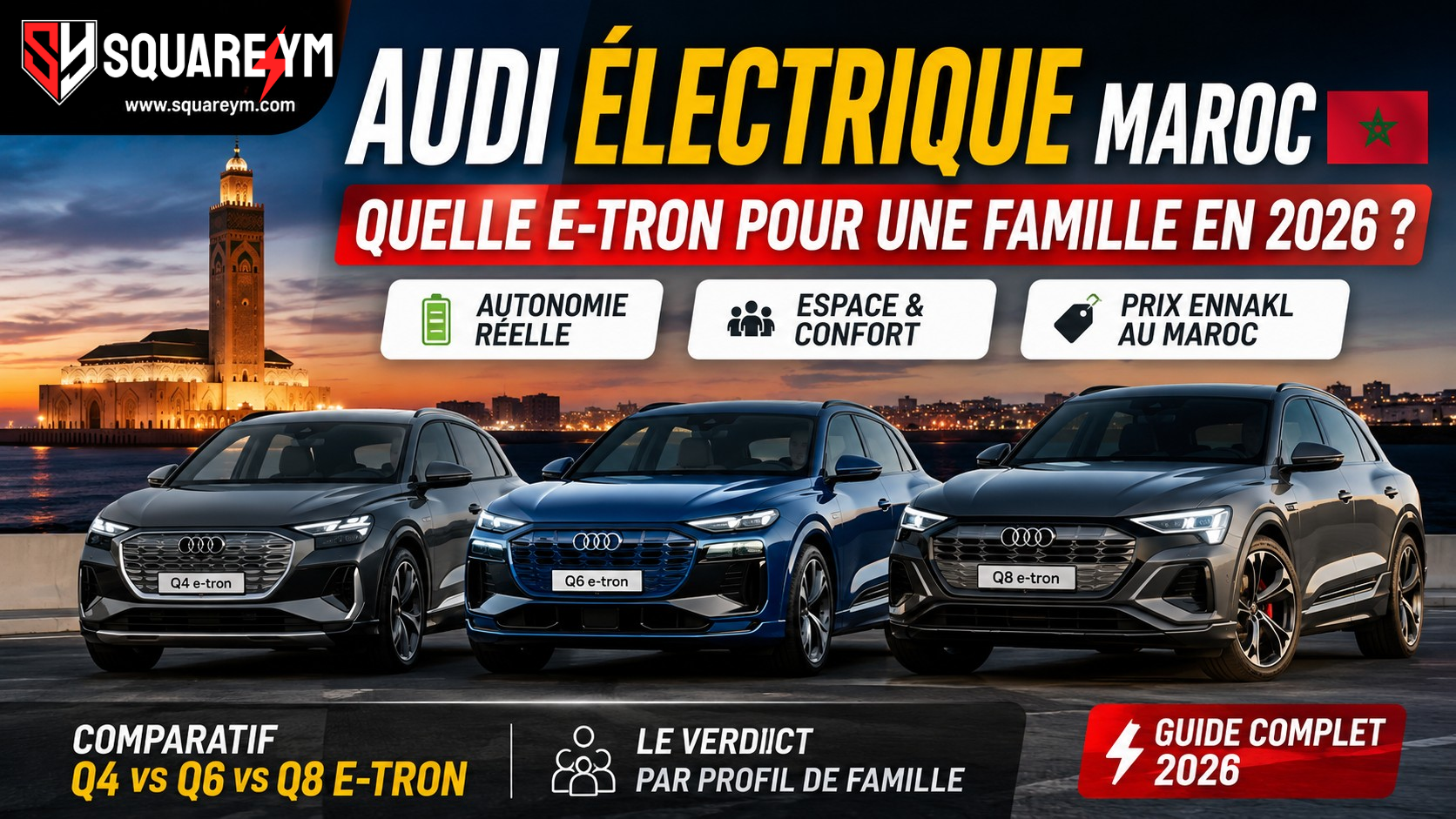 Audi électrique Maroc pour famille — Q4 Q6 Q8 e-tron 2026 chez Square YM
