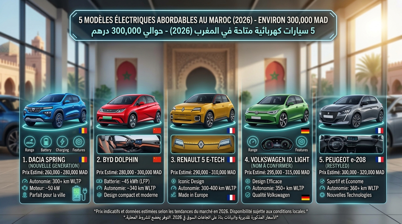 Top 5 voiture électrique 300 000 MAD au Maroc — Dacia Spring BYD Dolphin MG4 ID.3 Kona Electric 2026