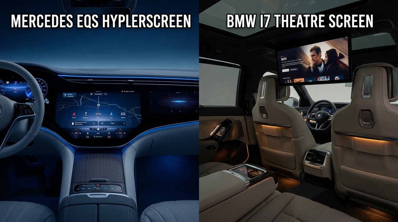 Mercedes EQS vs BMW i7 intérieur habitacle luxe Hyperscreen Theatre Screen 2026