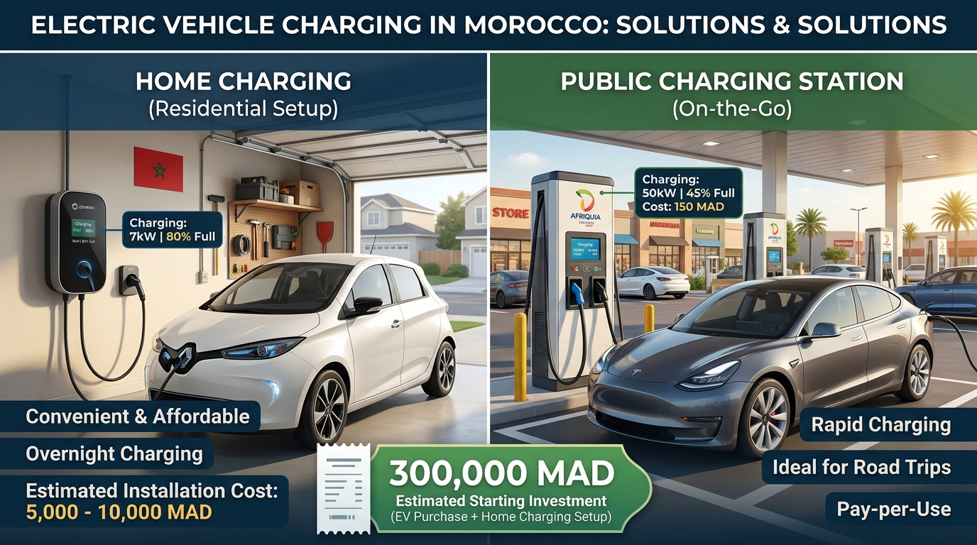 Recharge voiture électrique 300 000 MAD à domicile et borne publique au Maroc 2026
