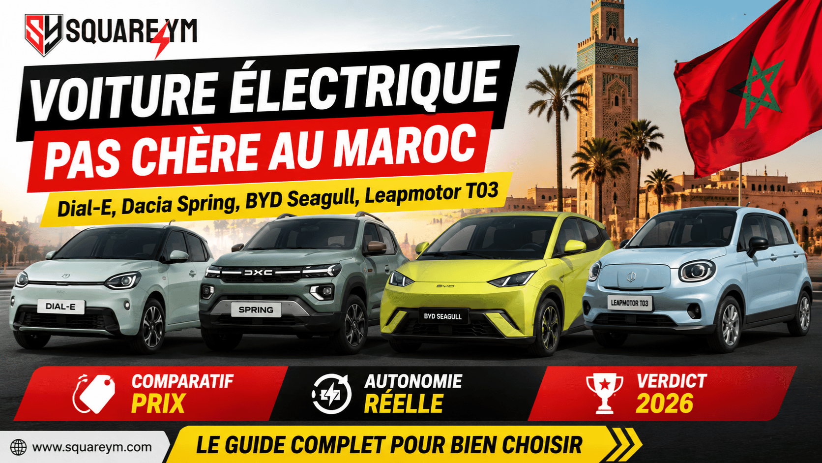 Voiture électrique pas chère au Maroc 2026 — Dacia Spring BYD Seagull Leapmotor T03 chez Square YM